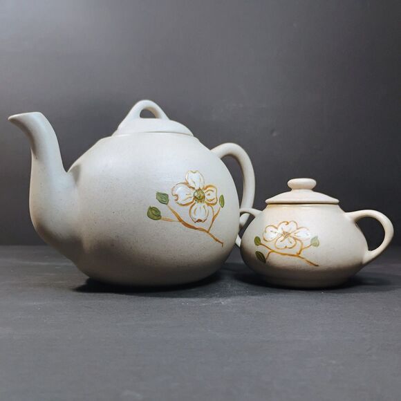 Vtg Pigeon Forge Pottery Coffee Tea Pot & Sugar Bowl Set Enamel Dogwood Flower - Picture 12 of 12
